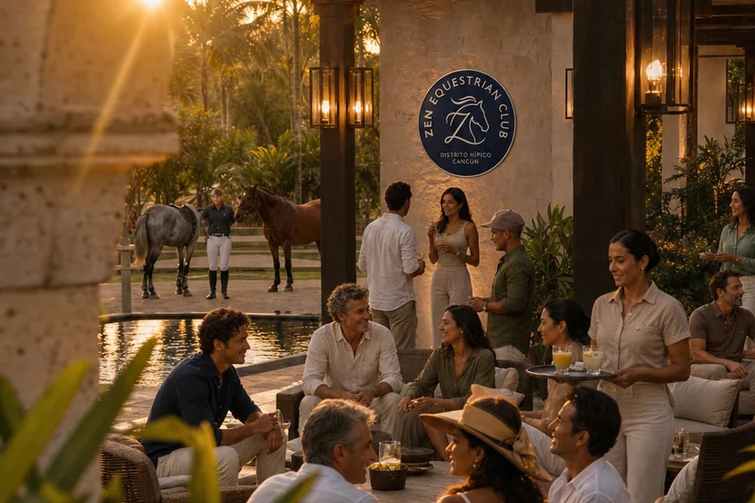 Conceptual view of a social terrace with groups talking at sunset.