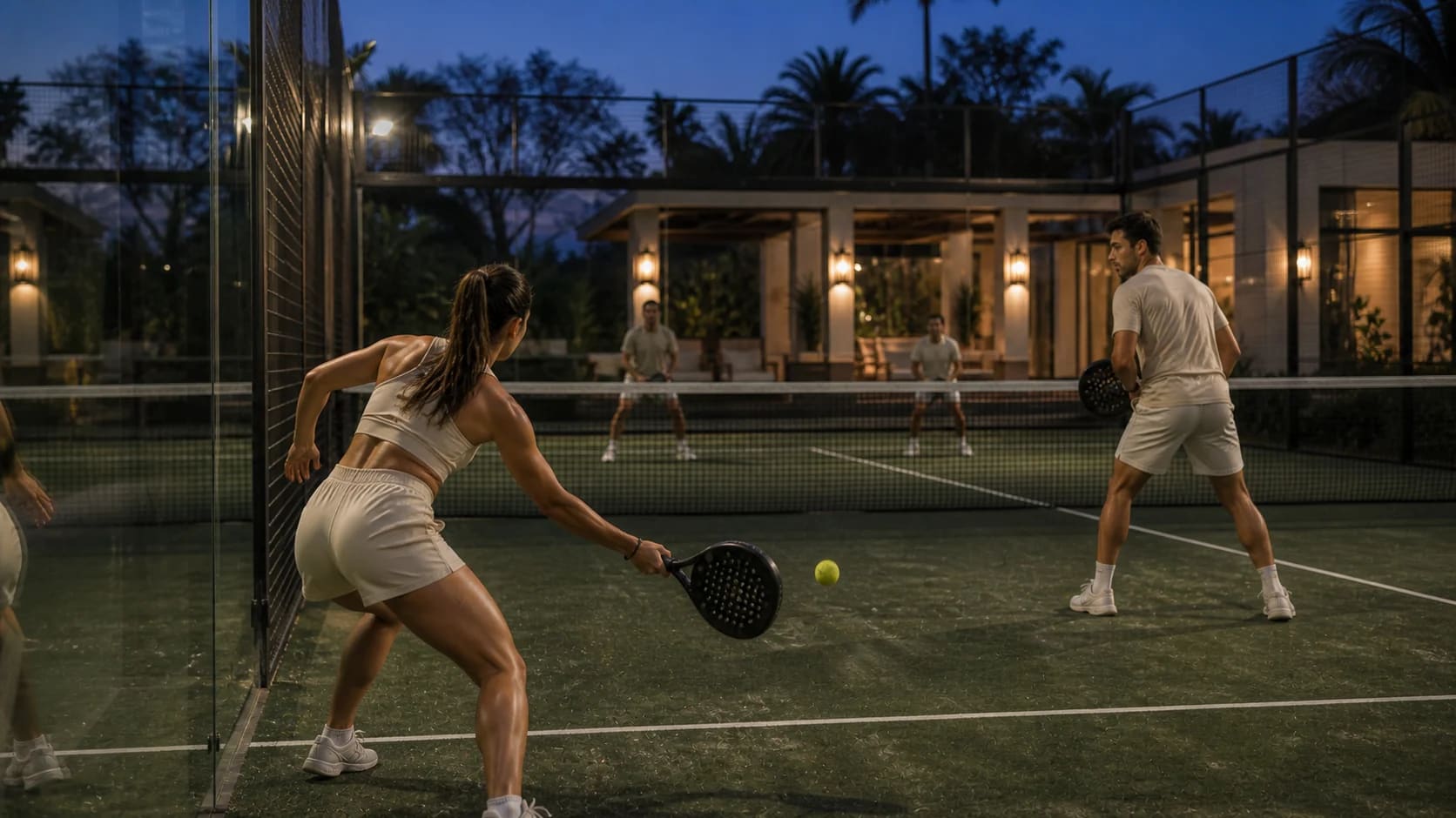 Partido de pádel dobles al atardecer en una cancha de paredes de cristal, con la Casa Club iluminada al fondo.