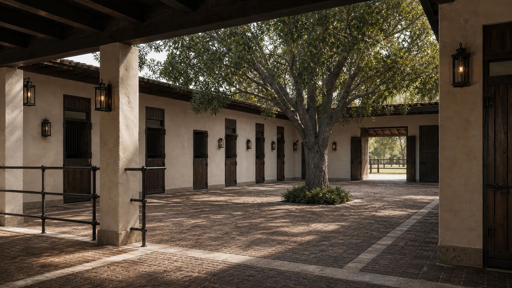 Patio de las caballerizas, con muros de estuco cálido, puertas de madera oscura y un árbol grande sobre el piso de adoquín en espiga.