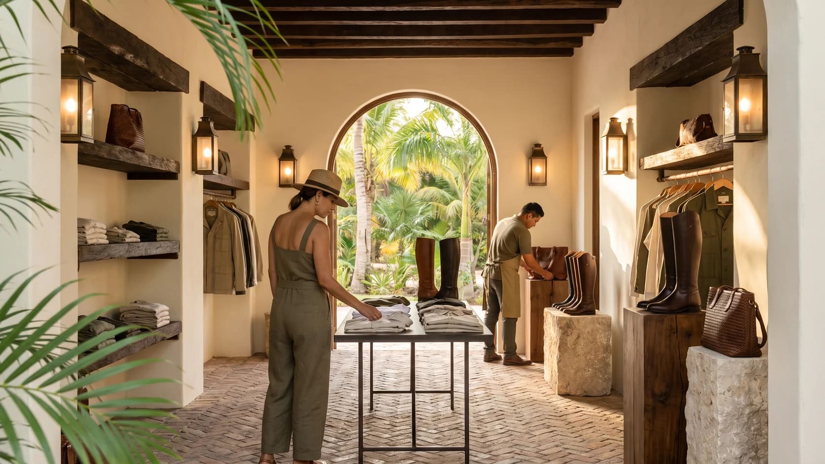 Boutique de muros de estuco y repisas de madera oscura, con botas de montar sobre pedestales de piedra y una socia revisando prendas dobladas.