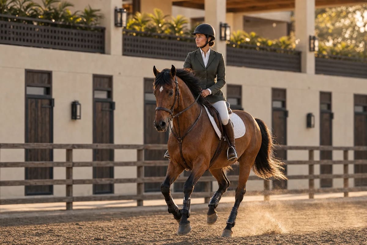 Jinete al galope sobre un caballo bayo en la pista de arena, a contraluz dorado, con polvo levantándose y la pérgola de la Casa Club al fondo.