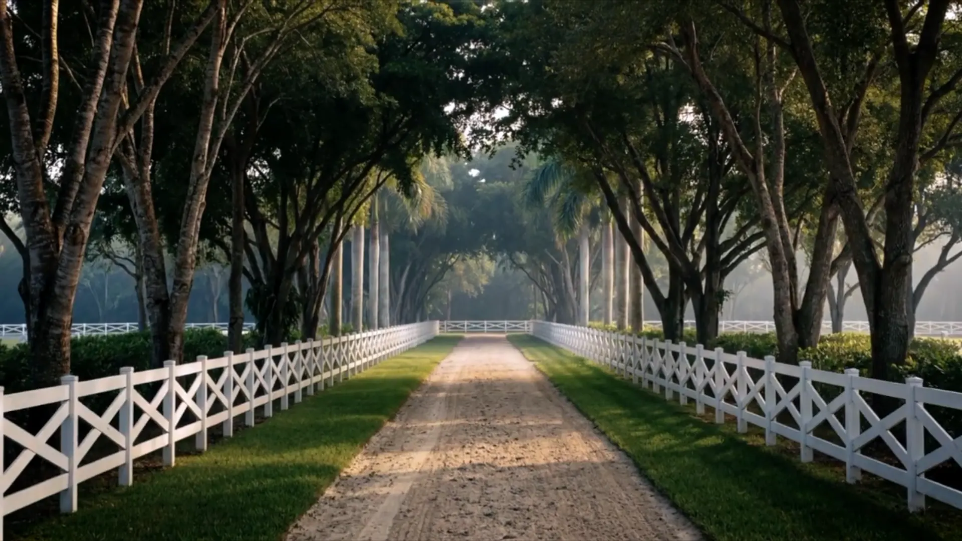 A tree-canopied entrance avenue to the club, framed by white equestrian fencing and tropical planting in the morning light.