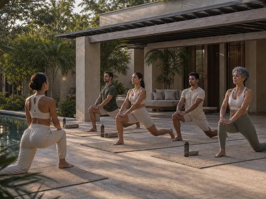 Clase de yoga matutina junto a la alberca, bajo una pérgola de madera, con el sol entre las palmas.