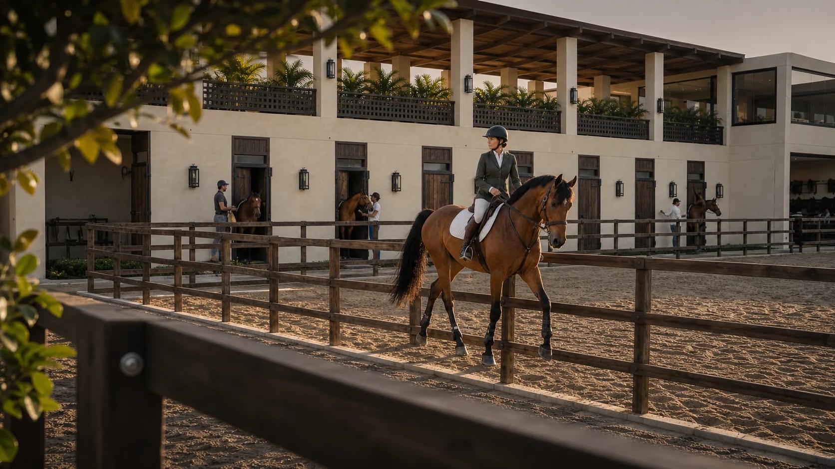 Vista general de las caballerizas, con galería alta cubierta, mozos atendiendo a los caballos y un jinete en la pista de arena, al atardecer.