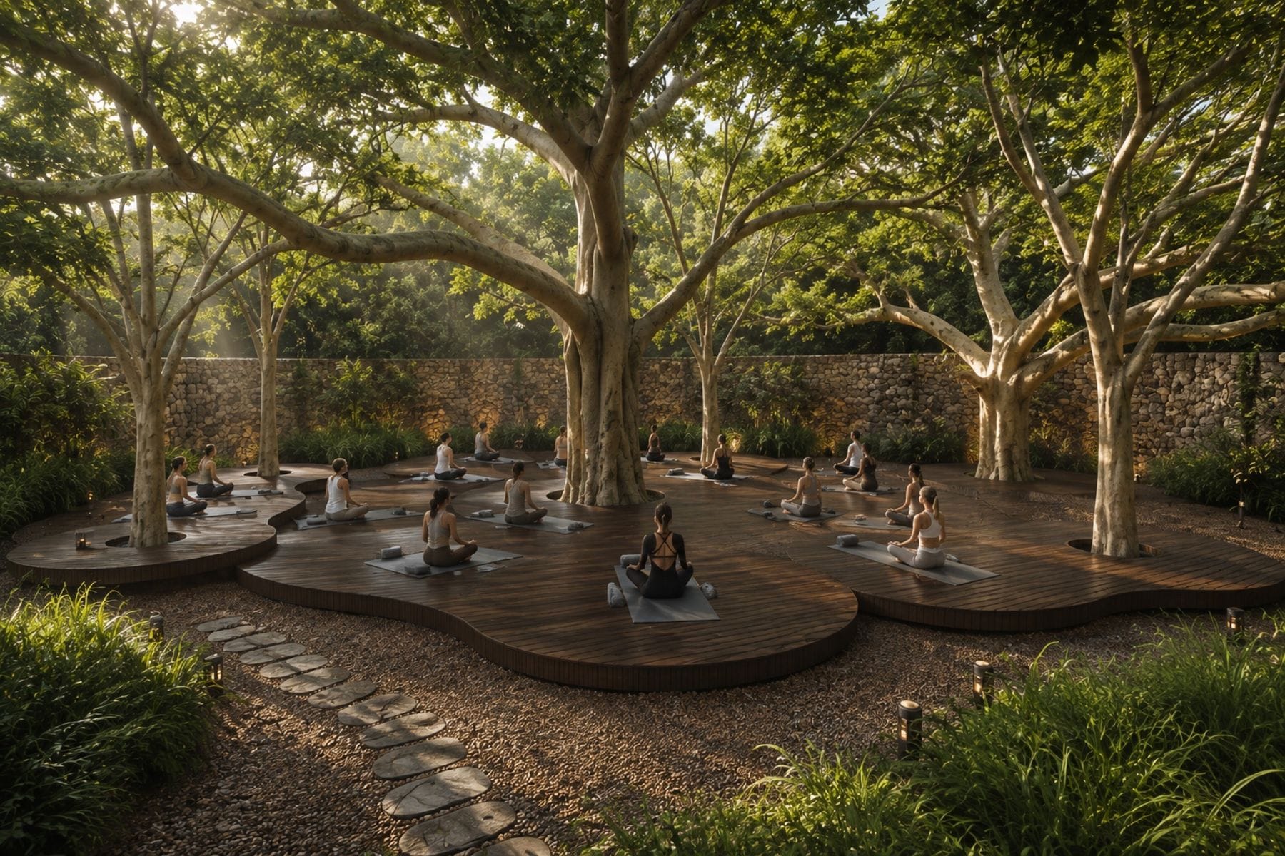 Deck de yoga de madera construido alrededor de los árboles del terreno, al amanecer.
